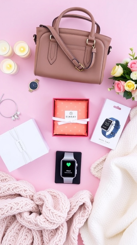 Flat lay of trendy gifts for women in their 20s including a handbag, jewelry, subscription box, fitness tracker, and cozy blanket.